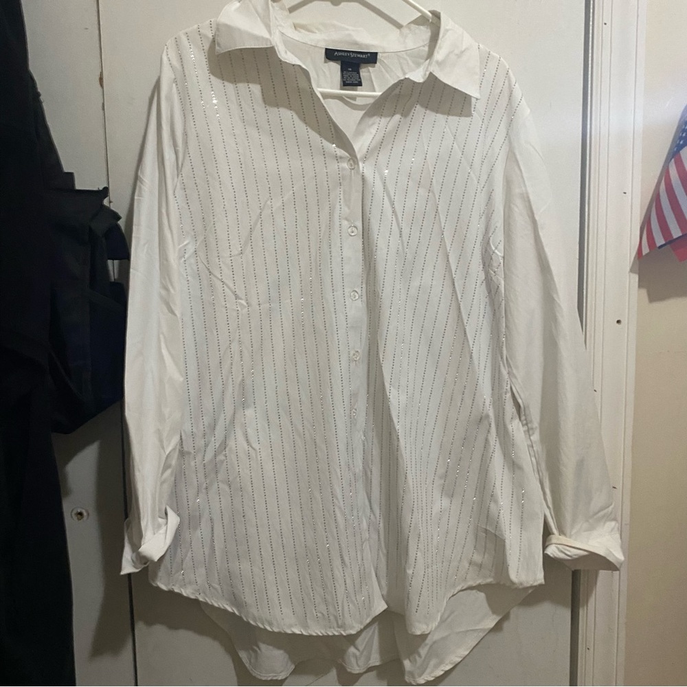 Ashley Stewart White Striped Button-Down Shirt